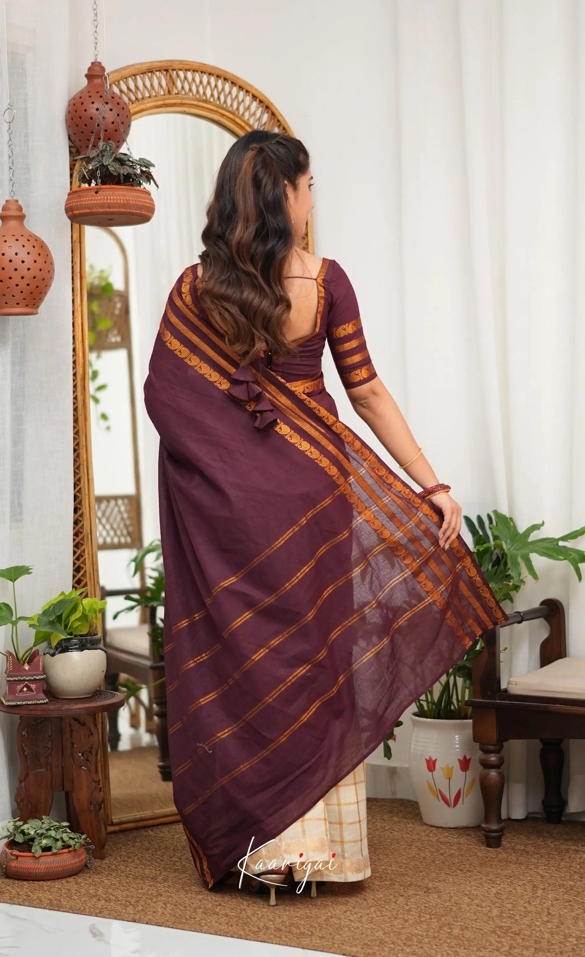 Saaral - Creamish white with Maroon Half &amp; Half Sungudi Saree - Sarees