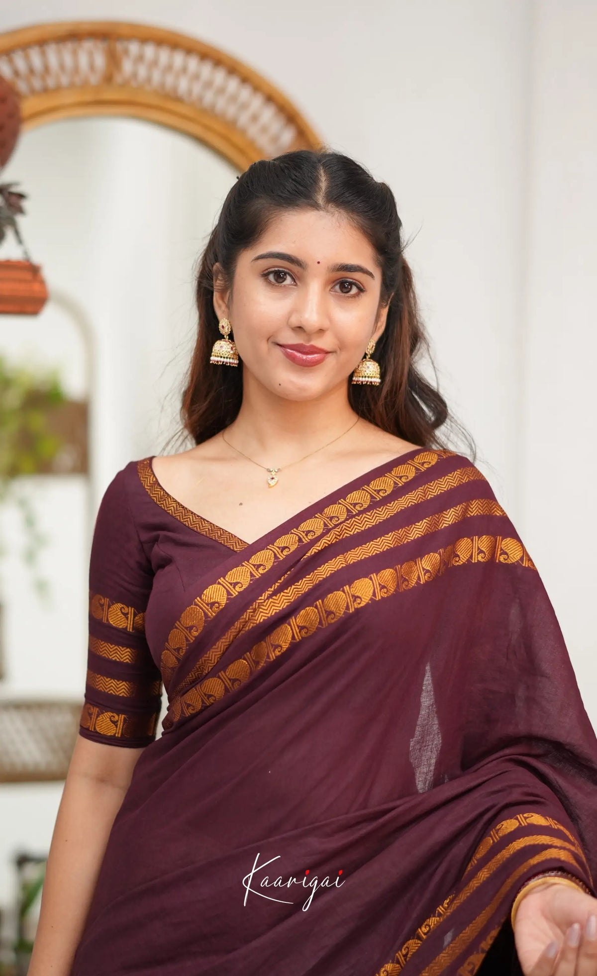 Saaral - Creamish white with Maroon Half &amp; Half Sungudi Saree - Sarees