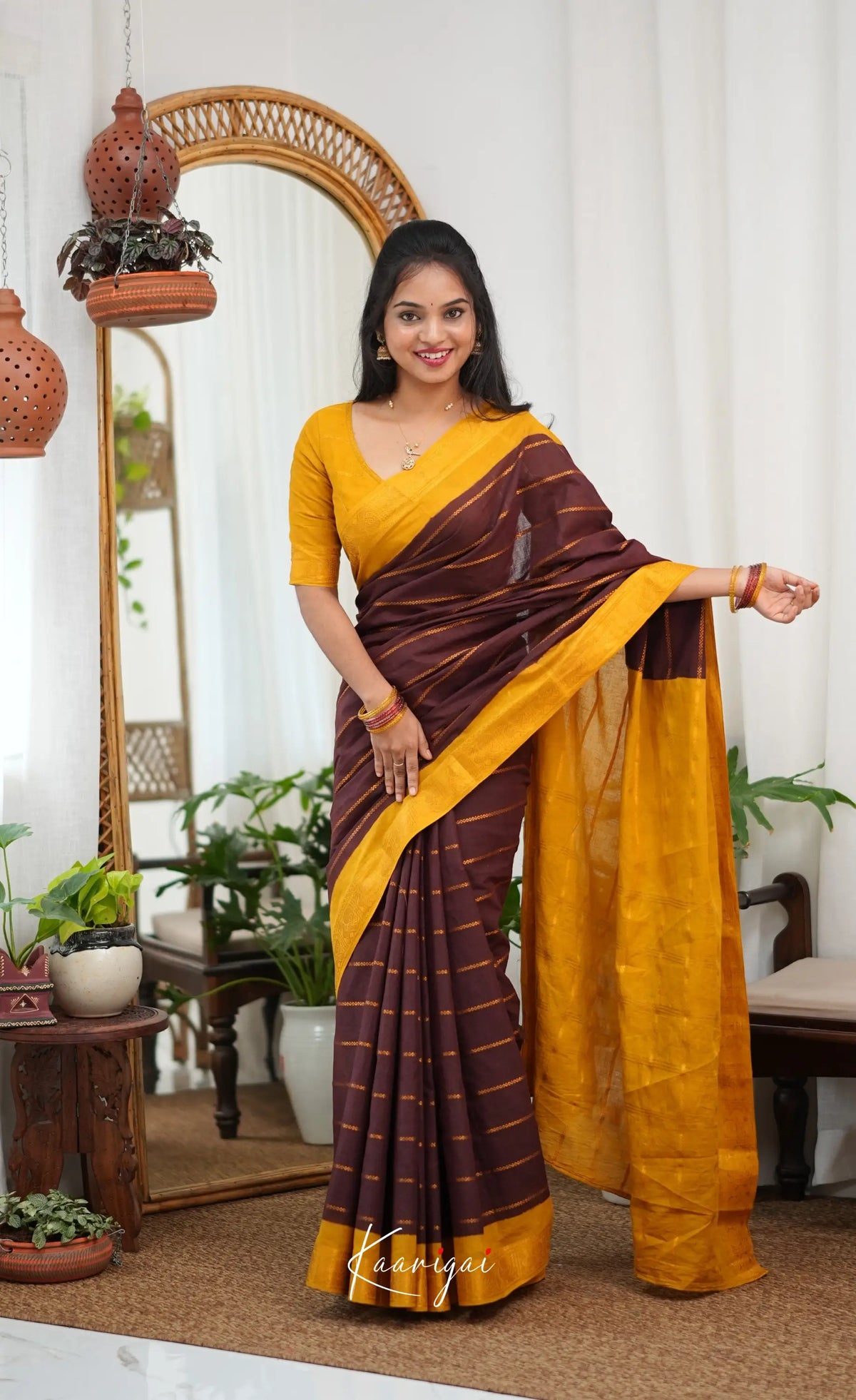 Saaral - Dark brown and Henna yellow Sungudi Saree - Sarees