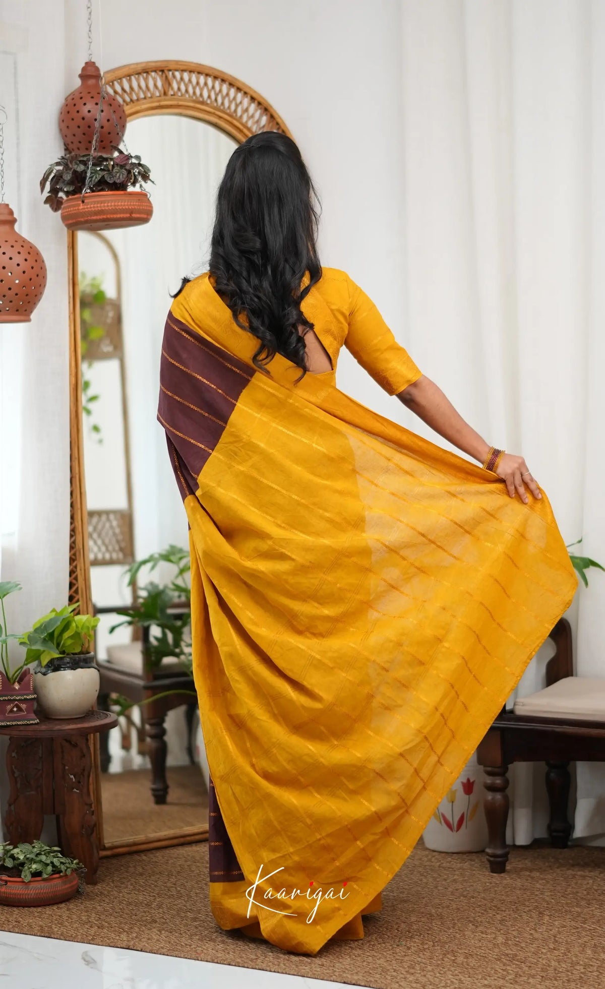 Saaral - Dark brown and Henna yellow Sungudi Saree - Sarees