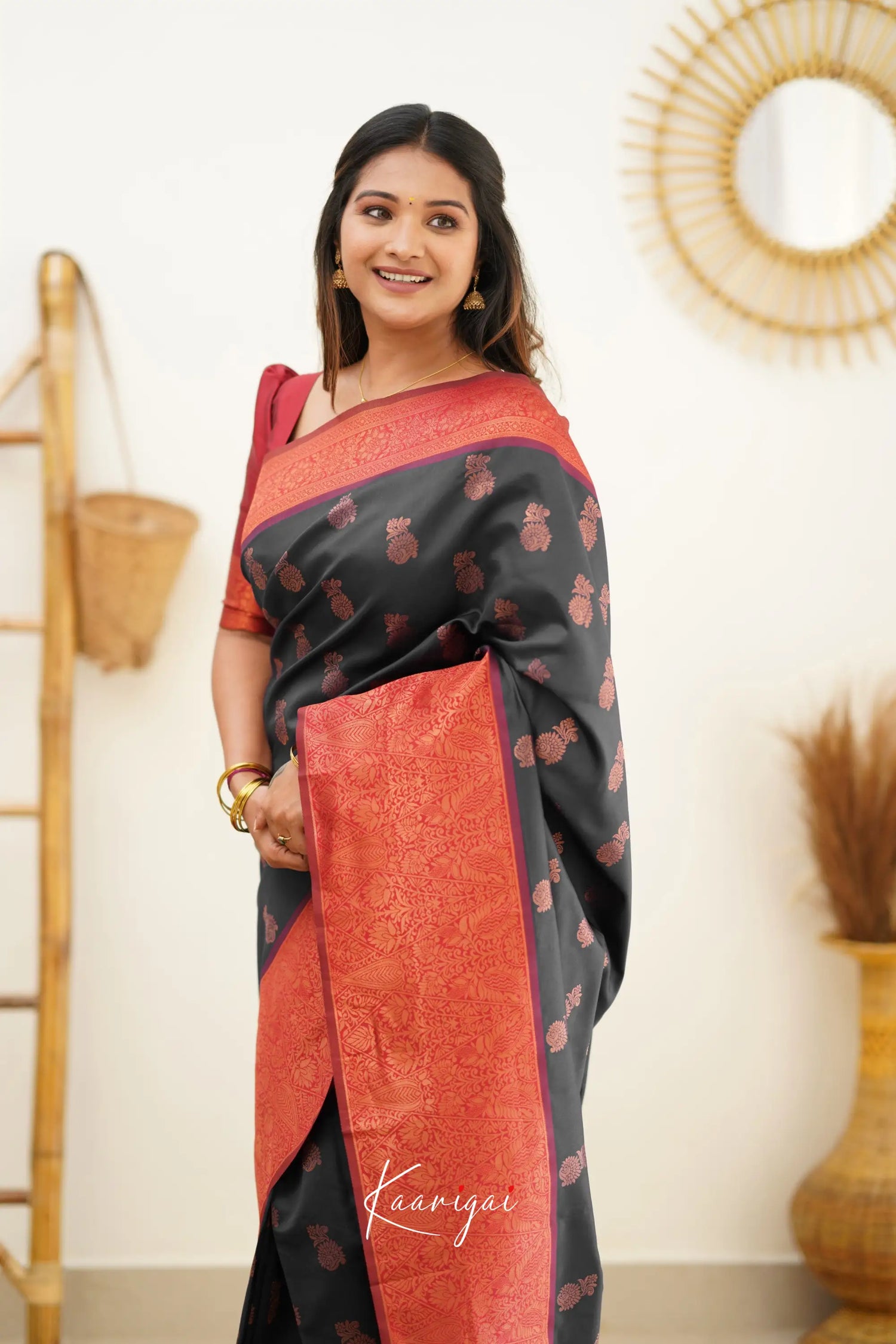 Sita - Black And Red Semi Silk Saree Sarees