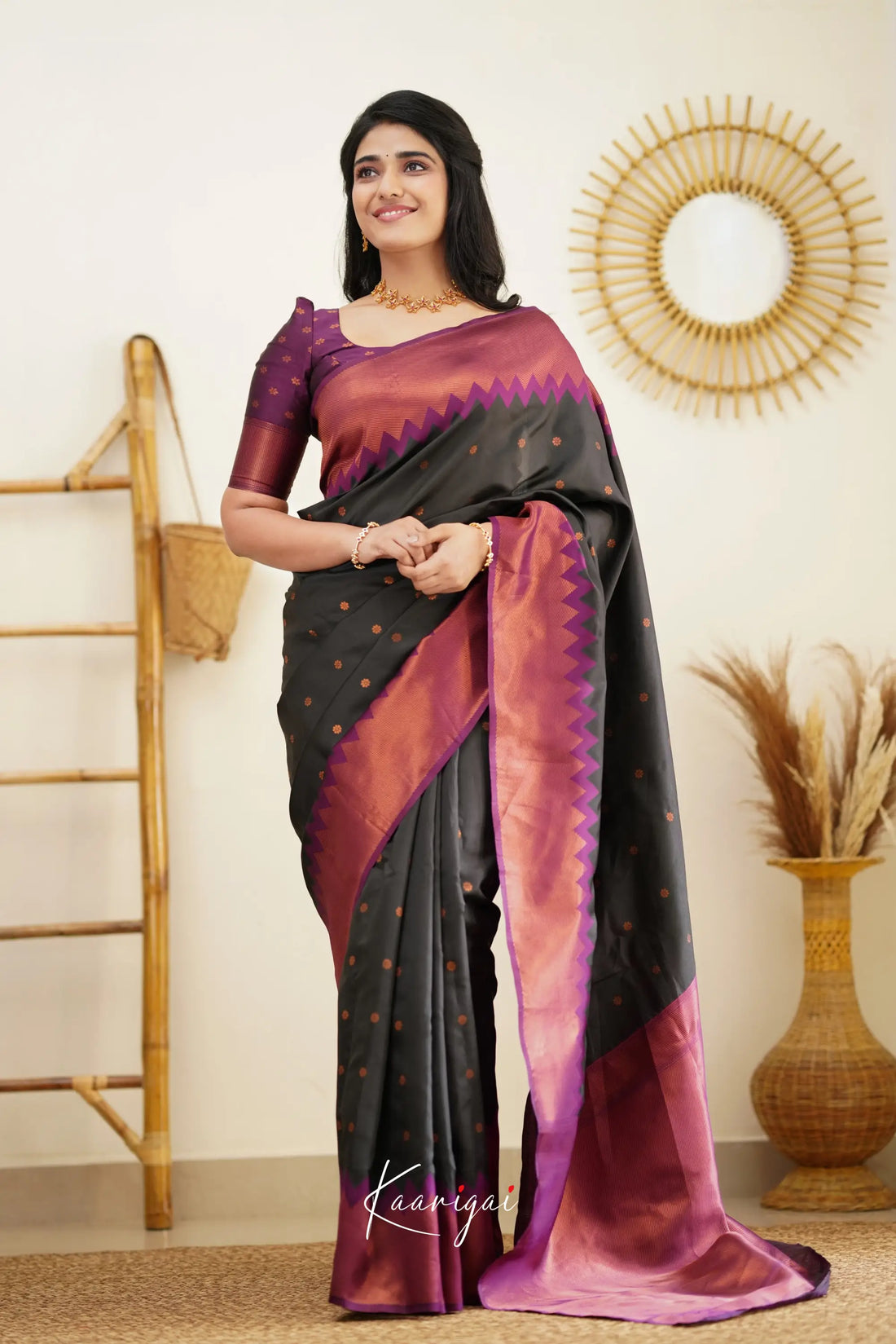 Sita - Black And Violet Semi Silk Saree Sarees