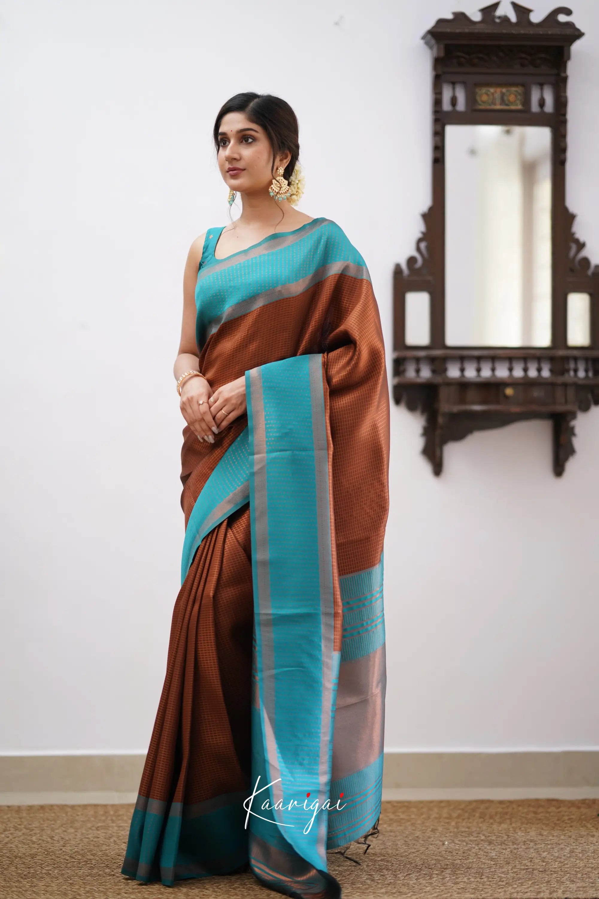 Sita - Brown And Teal Blue Semi Silk Saree Sarees