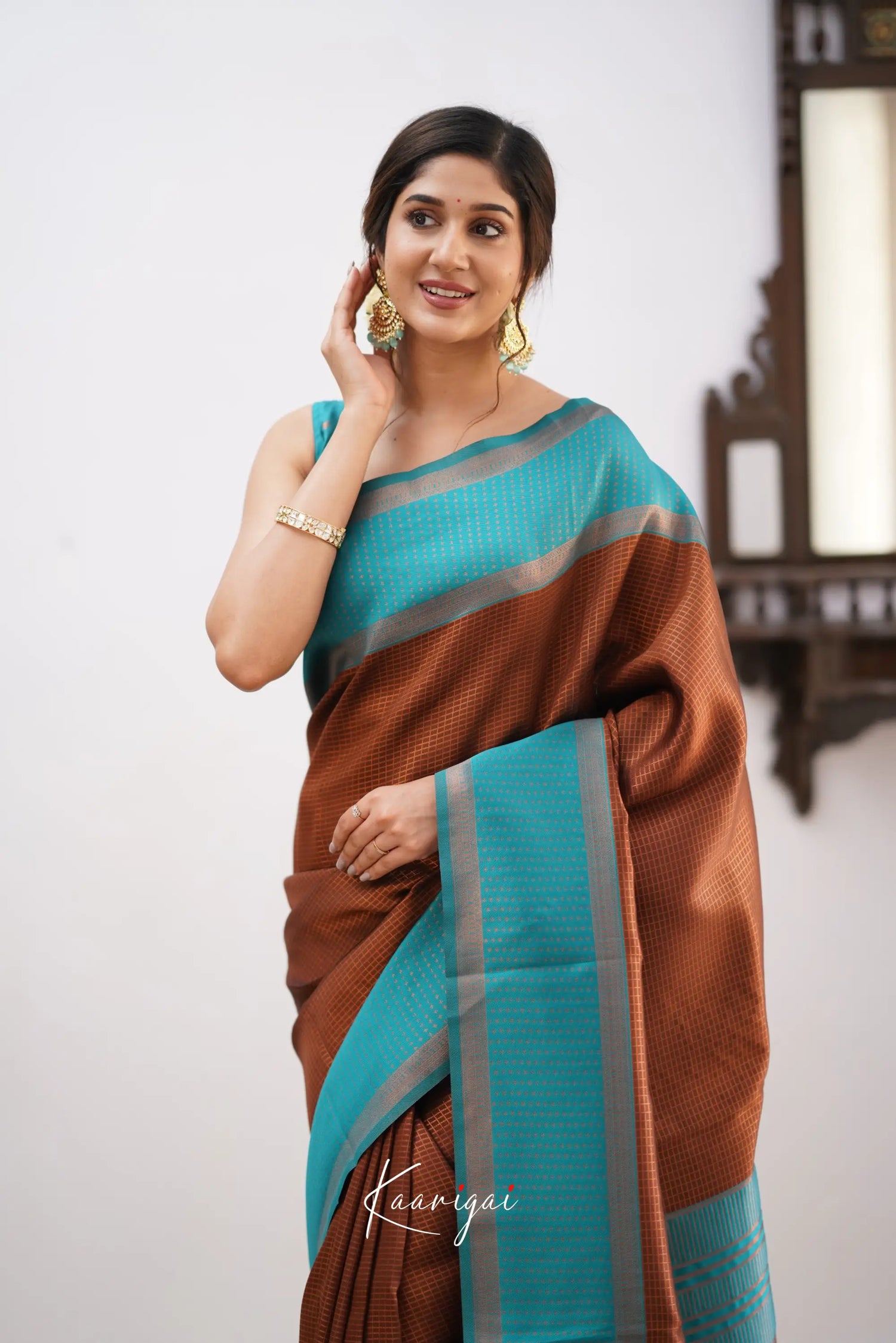 Sita - Brown And Teal Blue Semi Silk Saree Sarees