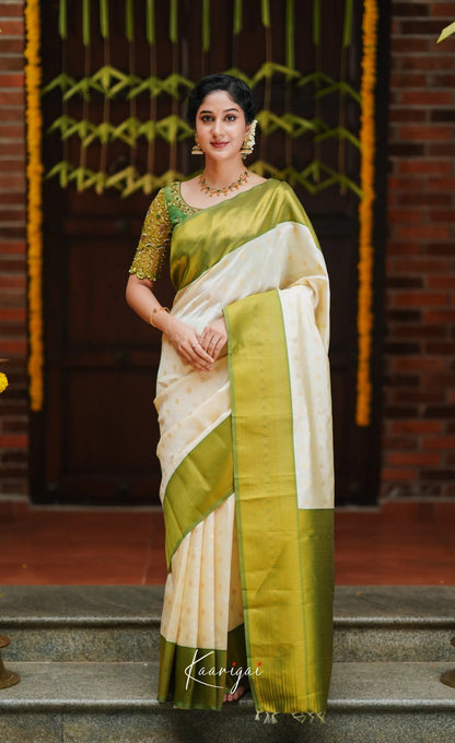 Sita- Cream And Green Blended Silk Saree Sarees