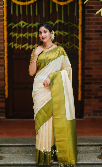 Sita- Cream And Green Blended Silk Saree Sarees