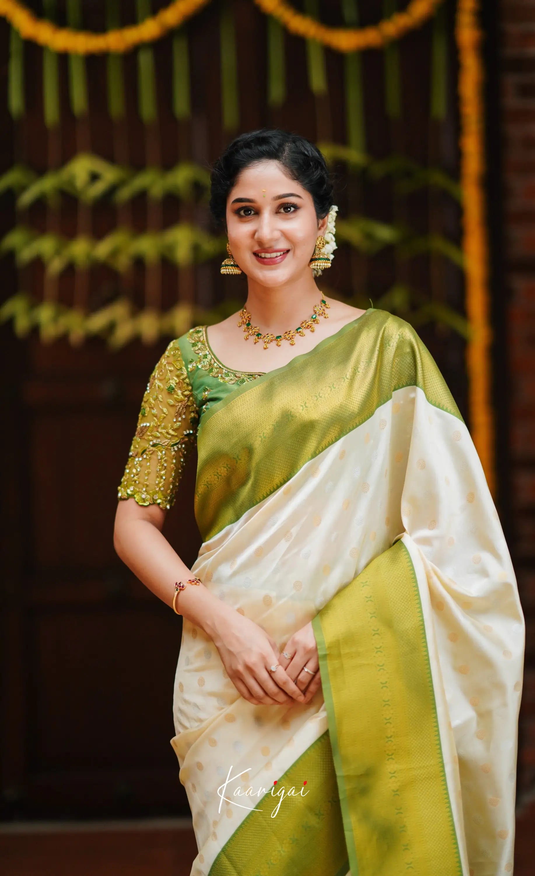 Sita- Cream And Green Blended Silk Saree Sarees