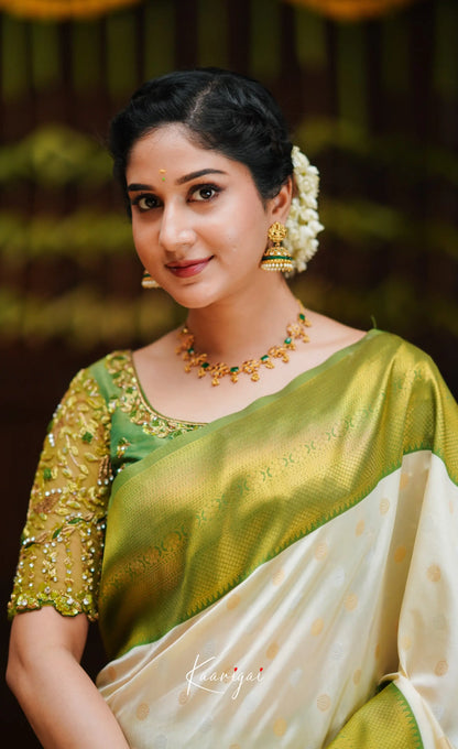 Sita- Cream And Green Blended Silk Saree Sarees