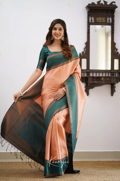 Sita - Light Salmon Orange And Green Semi Silk Saree Sarees