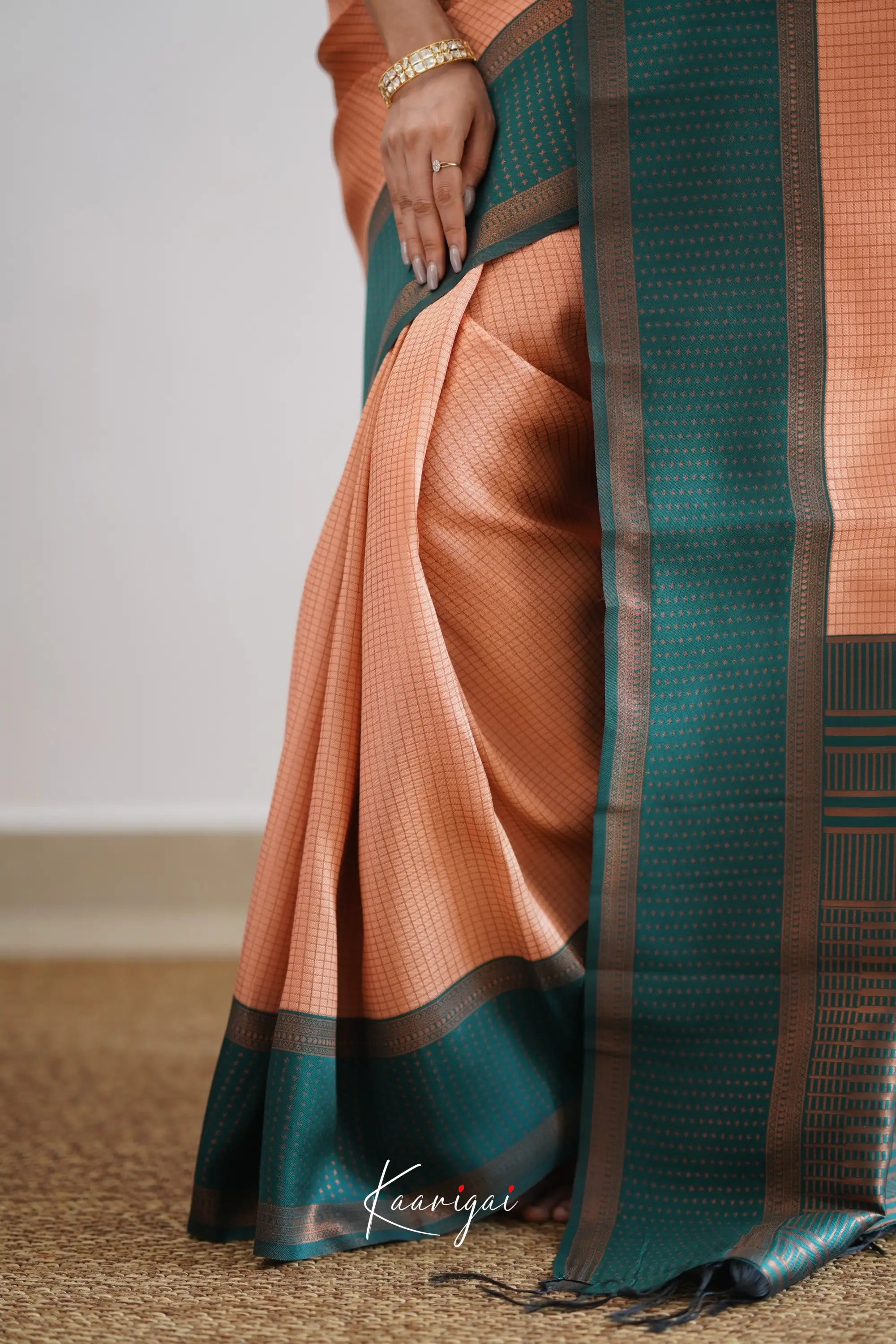 Sita - Light Salmon Orange And Green Semi Silk Saree Sarees