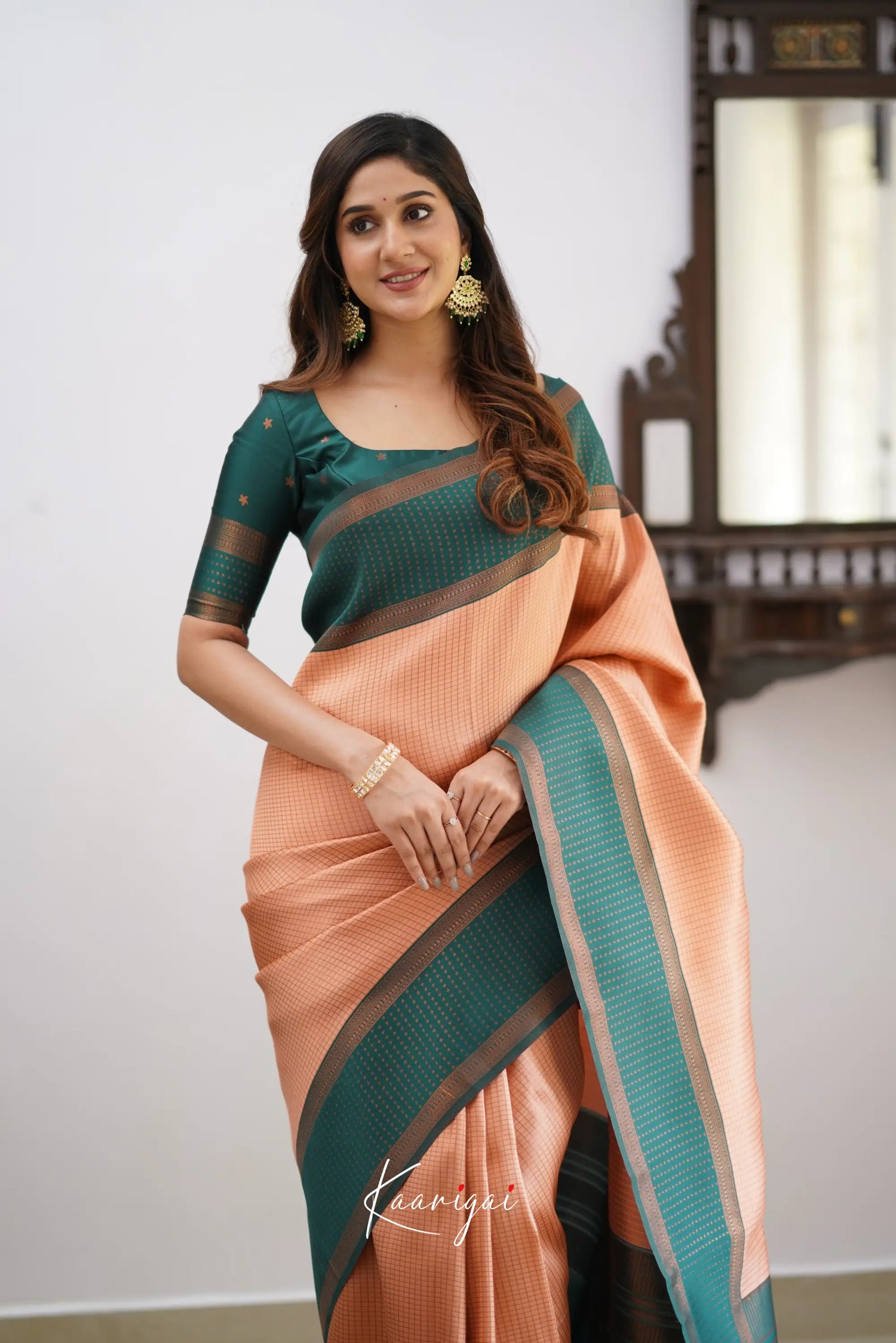 Sita - Light Salmon Orange And Green Semi Silk Saree Sarees