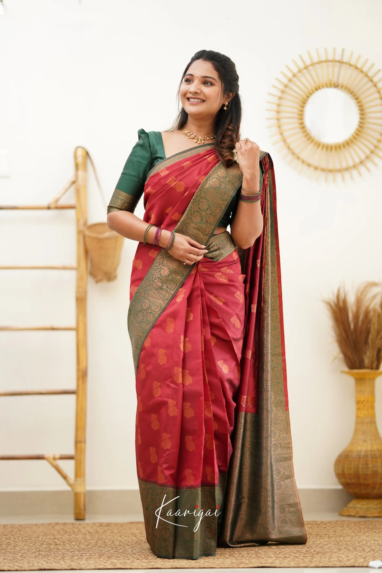 Sita - Maroon Red And Dark Green Semi Silk Saree Sarees