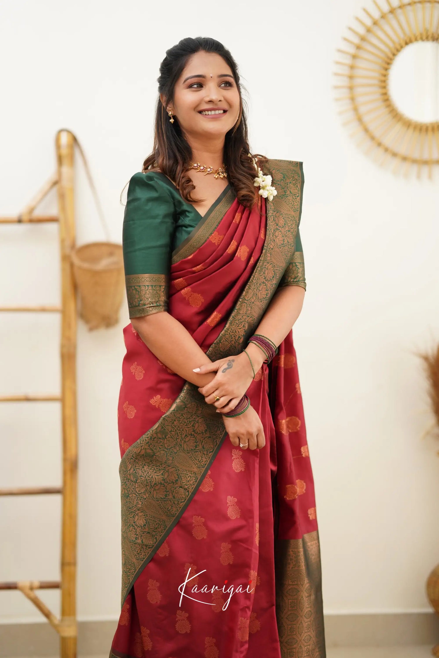 Sita - Maroon Red And Dark Green Semi Silk Saree Sarees