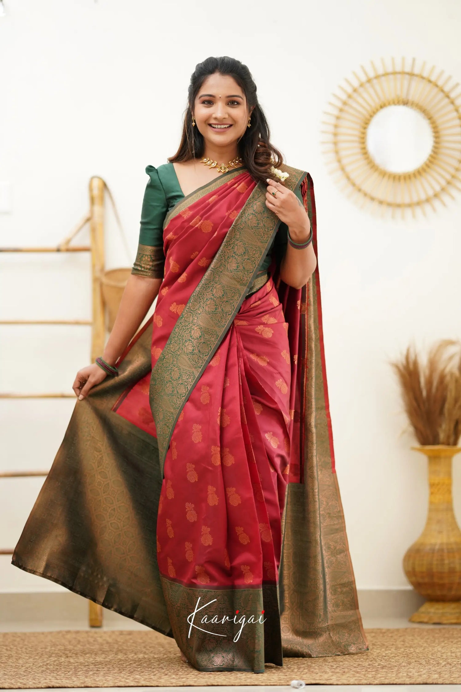 Sita - Maroon Red And Dark Green Semi Silk Saree Sarees