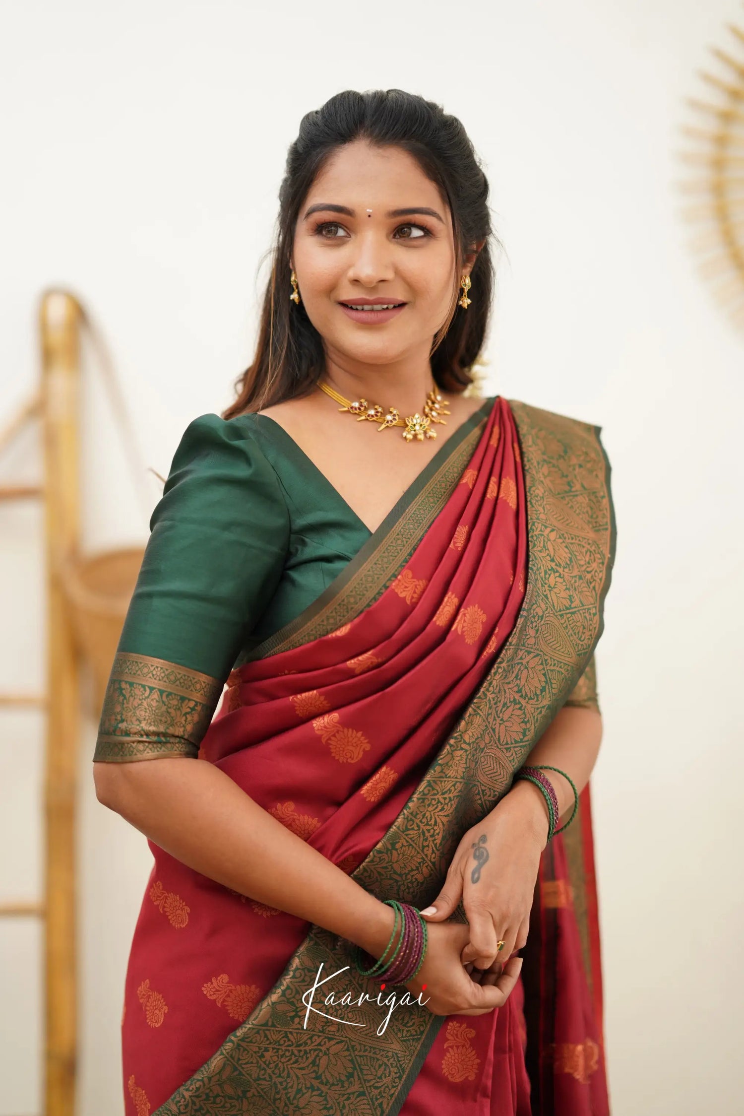 Sita - Maroon Red And Dark Green Semi Silk Saree Sarees