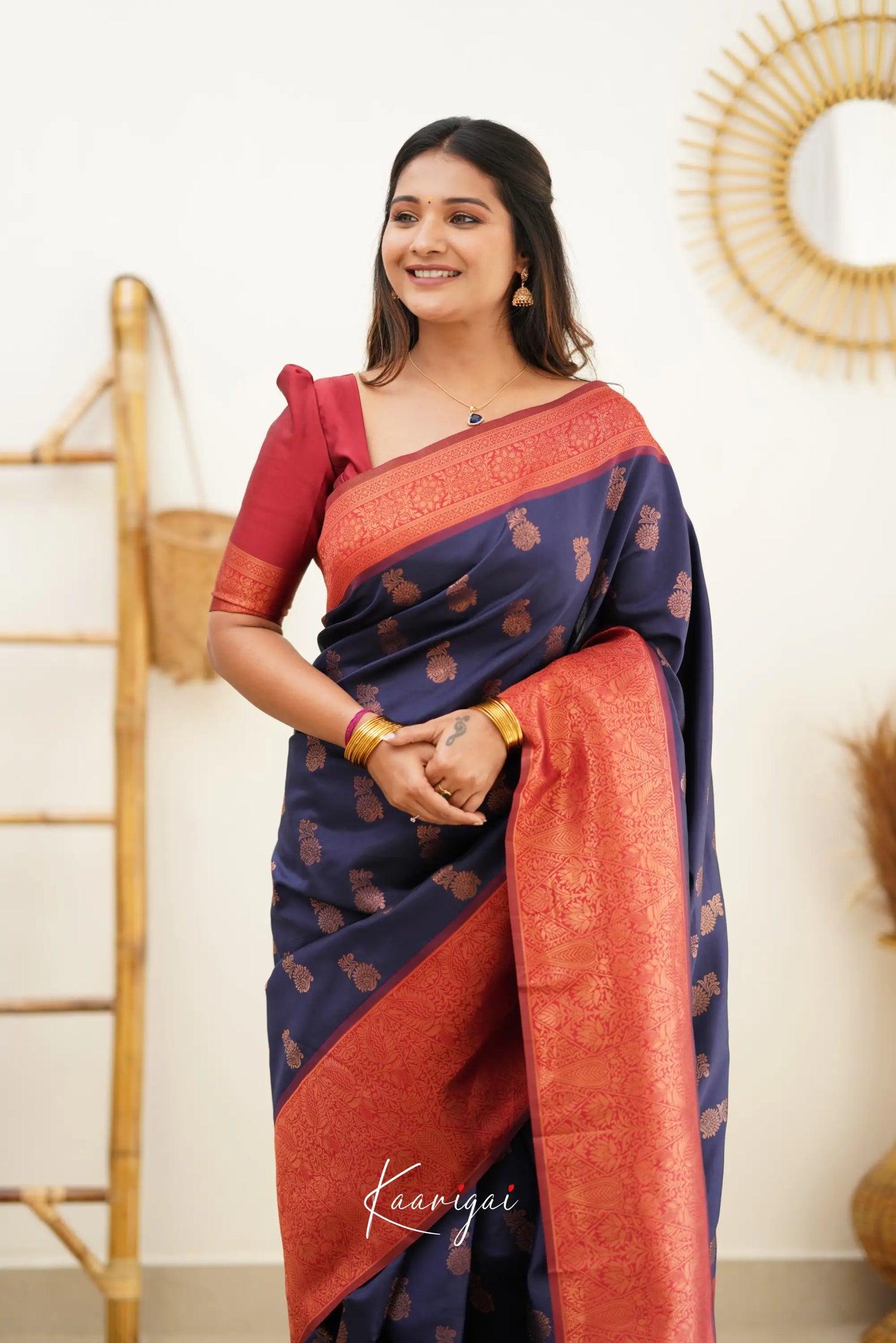 Sita - Navy Blue And Red Semi Silk Saree Sarees