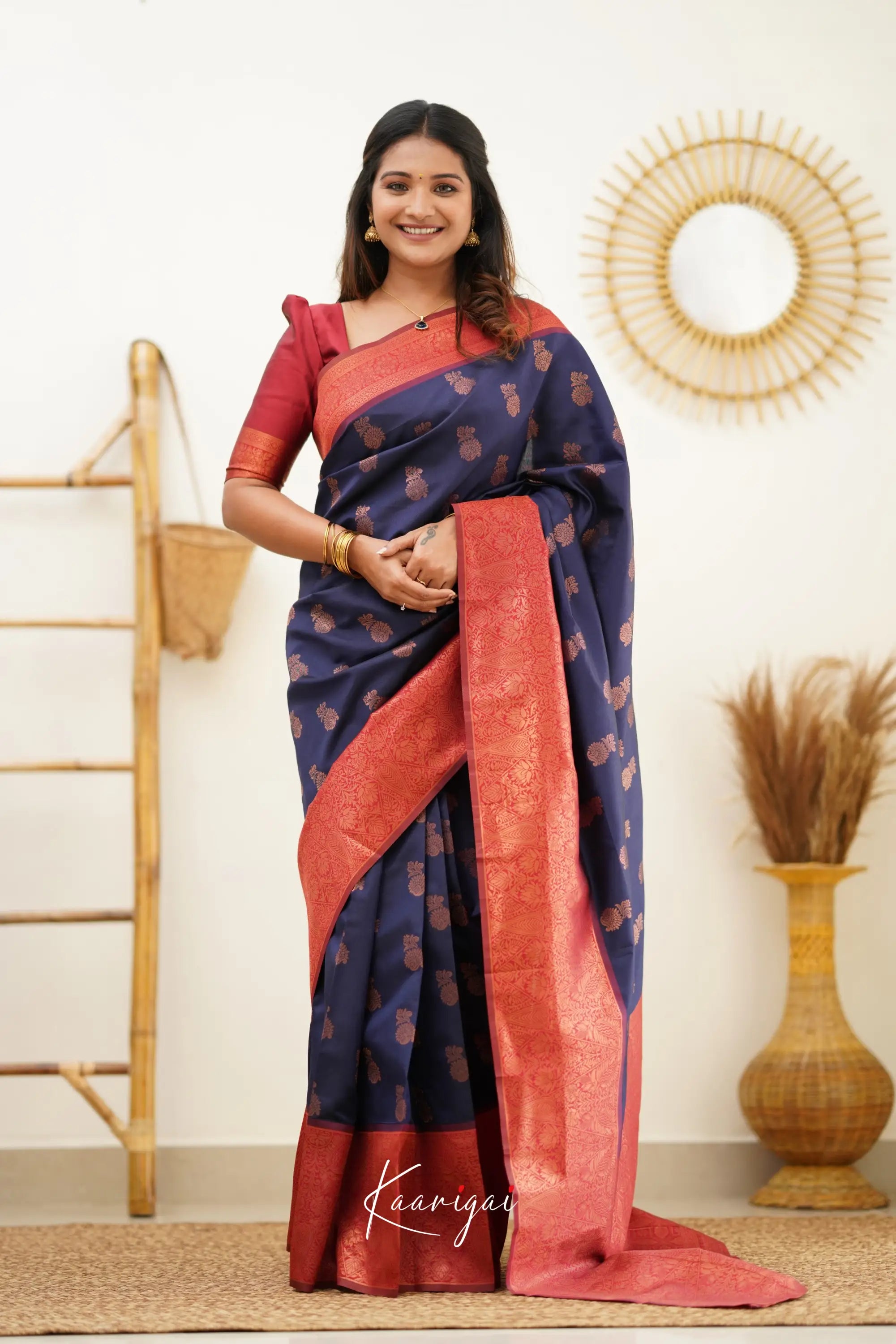 Sita - Navy Blue And Red Semi Silk Saree Sarees