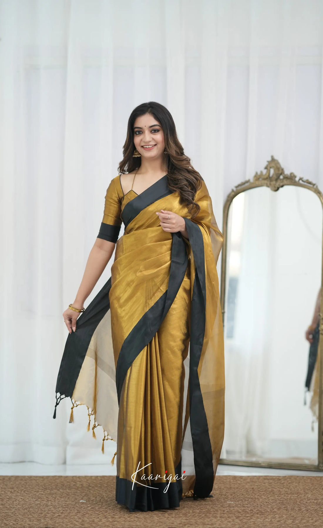 Vinathi - Antique Gold and Black Tissue Organza Saree Sarees